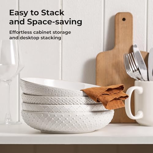 Y YHY 8.5" Pasta Bowls Set of 4, 30 oz Embossed Salad Bowls for Serving Soup, Noodle, Fruit, Dinner, Kitchen Deep Plates, Ceramic Dinnerware Sets, Soft White Dishes for Thanksgiving Day Gifts - size: 8.5 IN