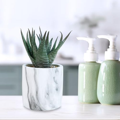 Winlyn Set of 3 Small Artificial Succulent Potted Plants Fake Aloe Hops String of Pearls in Modern Marble Ceramic Planter for Home Garden Bathroom Shelf Office Desk Tabletop Indoor Outdoor Décor