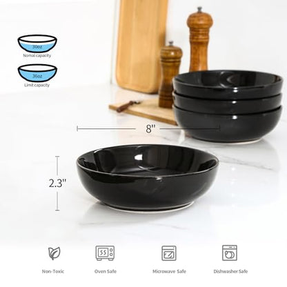 Selamica Ceramic Pasta Bowls Set of 4, Large Salad Bowl, Black - color: Black, size: 8 Inch