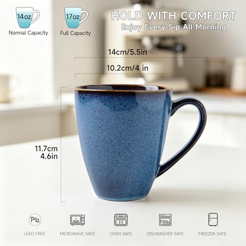 MONITO 17 OZ Coffee Mugs Set of 6, Large Ceramic Blue Coffee Mugs Set with handle for Tea/Latte/Milk/Cocoa, Funny Tea Cups for Office and Home, Engagement Gifts. (Starry Blue) | Mugs with Gold Rim for Latte,Tea&Cocoa,Dishwasher&Microwave Safe,Reactive Gla