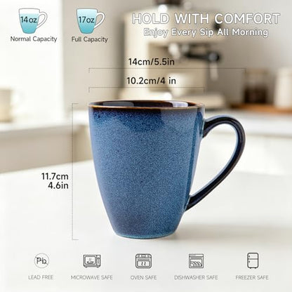 MONITO 17 OZ Coffee Mugs Set of 6, Large Ceramic Blue Coffee Mugs Set with handle for Tea/Latte/Milk/Cocoa, Funny Tea Cups for Office and Home, Engagement Gifts. (Starry Blue) | Mugs with Gold Rim for Latte,Tea&Cocoa,Dishwasher&Microwave Safe,Reactive Gla