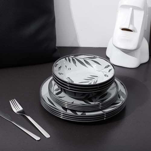 12pcs Dinnerware Set, Melamine Plates and Bowls Sets, Grey Leaves | Farmhouse Tableware Service for 4, Unbreakable Dinner Salad Dessert Plate, Cereal Bowl Set for Outdoor, Durable RV Dishes - color: Grey Leaves
