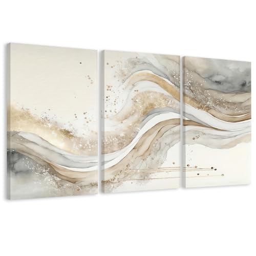 AVECCO Triptych Abstract Gold Grey Wave Wrapped Wall Art Canvas 20x30 Inch | Gallery Wrapped Canvas, UV Fade-resistant Ink, Modern Minimalist, Ready to Hang, Living Room Office Decor, Housewarming Gift - color: Golden, size: 30"L x 20"W