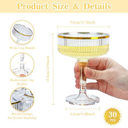 30 Pack Clear Champagne Tower Glasses 7OZ Plastic Martini Glasses Champagne Coupe Glass Cocktail Glass with Gold Rim Champagne Flutes Stackable Stemmed Coupe Glass for Weddings Birthday Party - color: Clear