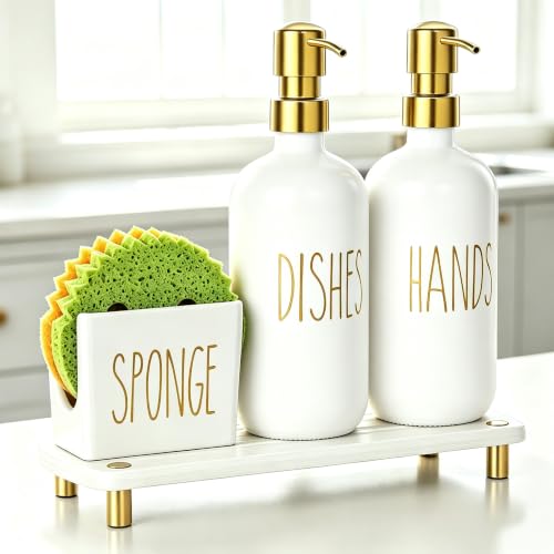 Cisily Kitchen Soap Dispenser Set Comes with Ceramics Sponge Holder, Gold Pumps, and Instant Dry Tray, Hand and Dish Soap Dispenser Set, Kitchen Decor and Accessories for Countertop Organizer - color: Gold + White + Sponge Holder