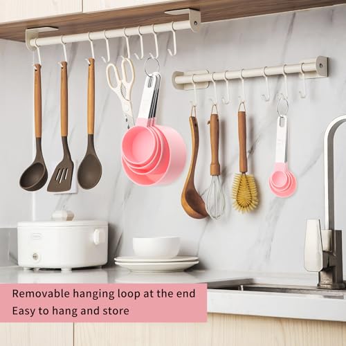 8 PCS Tainless Steel Measuring Cups and Spoons Set, Nesting Measuring Cup and Spoon Set for Precise Cooking Measurements in the Kitchen, Pink - color: Pink