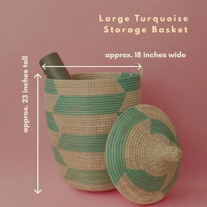 Big Basket, White and Turquoise, 18 Inch Wide, 23 Inch Tall - color: Turquoise Blue White