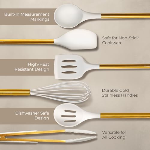 Styled Settings White and Gold Kitchen Utensils with Holder, 8-Piece | Heat Resistant, Nonstick, White Silicone Cooking Utensils Set, Ceramic Utensil Holder & Stackable Gold Spoon Rest - color: 8PC White & Gold
