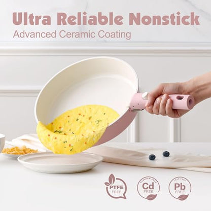 SENSARTE 17 Piece Ceramic Detachable Handle Pots and Pans Set Pink | Ceramic Cookware Set, Induction Cookware Set with Removable Handle, Healthy Non Stick for RV, Dishwasher ＆ Oven Safe - color: Pink, size: 17 Piece