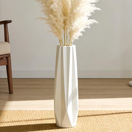 White Tall Ceramic Floor Vase, 17.7 Inch, Faceted Design | Glossy Glazed Finish, Narrow Corners, Entryway, Bedroom, Compact Spaces - color: 5-stripes, size: Height-17.7 Inch