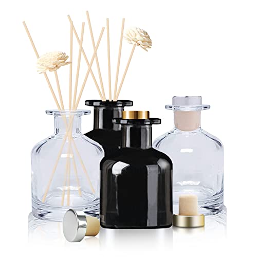 HOSSIAN 150ml/50oz 2 Clear Glass Bottles 2 Glossy Black Bottles Fragrance Diffuser Empty Bottle with 28pcs Reed Sticks for Home Fragrance Accessories (Clear+Black) - color: Clear+black