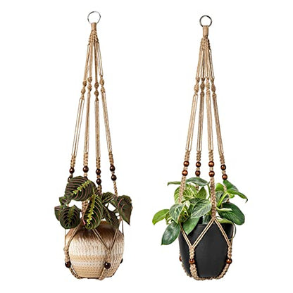 Macrame Plant Hangers Indoor 36'' Hanging Planter Basket Flower Pot Holder with Beads No Tassels.Brown 2 Packs 4 Pcs Hooks
