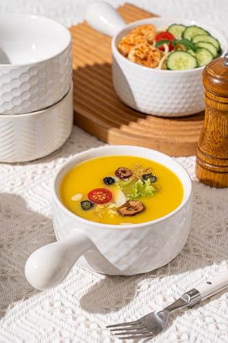 FOBENTA 20oz Ceramic Soup Bowls with Handle, Set of 4,Textured Embossed Stoneware for Chili, Stew, Cereal,Microwave & Dishwasher Safe, Rustic Dinner Bowls for Home Kitchen - size: 20 OZ-Single Handle