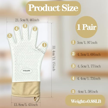 Silicone Oven Gloves with Fingers Heat Resistant 450°F in Kitchen | 1Pair Silicone Oven Mitts, Waterproof, Non-Slip, Extended Cuff Cotton Lined Kitchen Mitts for Baking Cooking Barbecue(White) - style: white-large