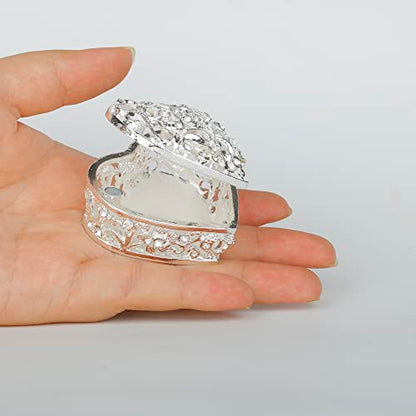 Silver Heart Jewelry Trinket Box Bejeweled Heart Box with Hollow Flower Figurines Jewelry Boxes Ring Holder - color: Silver_3