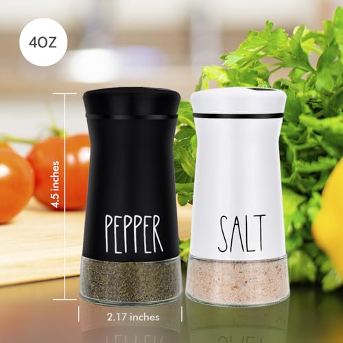 Farmhouse Salt and Pepper Shakers with Adjustable Pour Holes, Refillable Salt Shaker by Aelga, Ideal for Himalayan, Kosher, Black and White Pepper - color: Black/White