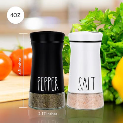 Farmhouse Salt and Pepper Shakers with Adjustable Pour Holes, Refillable Salt Shaker by Aelga, Ideal for Himalayan, Kosher, Black and White Pepper - color: Black/White