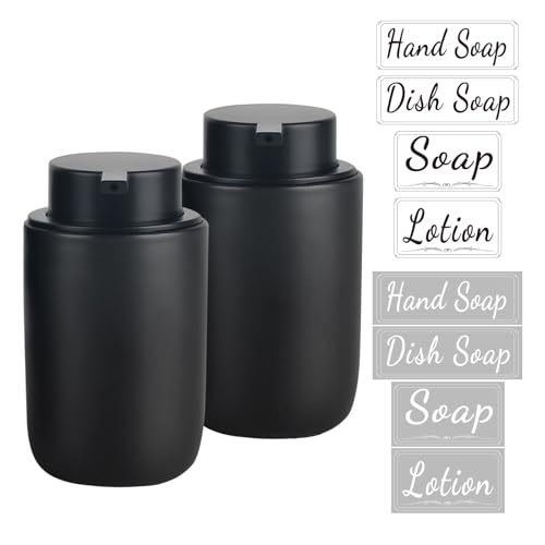 BosilunLife Black Soap Dispenser Set - 2 Pack 12oz Ceramic Soap Dispenser | with Rust Proof Pump for Kitchen, Hand Soap and Lotion Set Suitable for Farmhouse Bathroom Decor with Waterproof Labels - color: Black-2 Pack