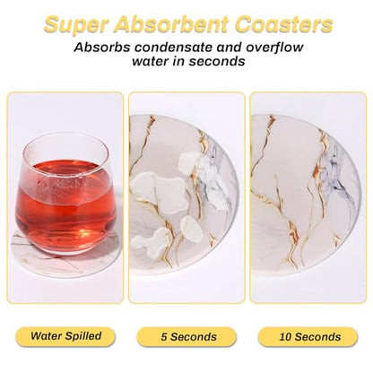 9 Pieces Ceramic Drink Coasters with Holder, Billbotk Absorbent Drink Coasters for Coffee Table, Marble Style Coasters Wooden Table, Suitable for Kinds of Cups, 4 Inches - color: Gold White