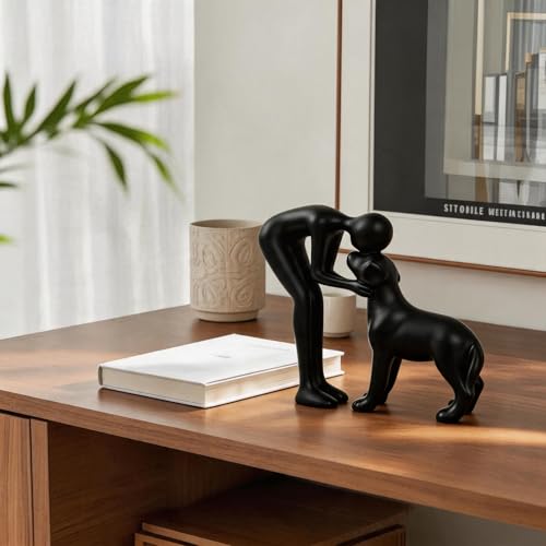 Abstract Person and Dog Sculpture Head-to-Head Figurine Black | abstract sculpture celebrating the bond between person and pet. Intimate head-to-head Touching memory keepsake for dog lovers - color: Black