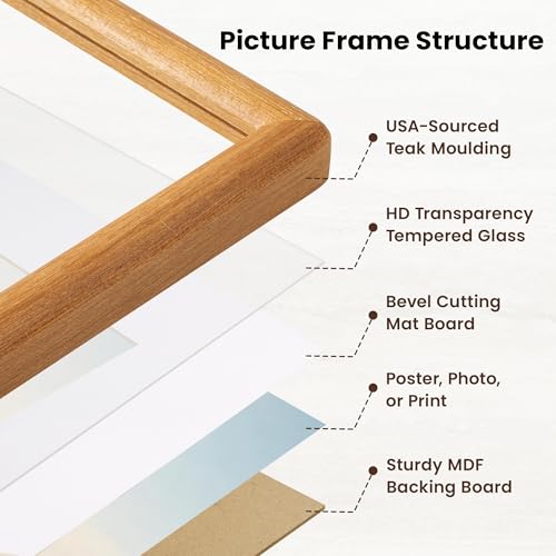 Acovy 8x10 Picture Frame, Natural Solid Teak Wood 8"x10" Photo Frame for Wall, Handcrafted Wooden Frame 8 x 10 Matted to 5x7, High Definition Tempered Glass, Wall Hook Included, Natural Teak - color: Teak, size: 8"x10"