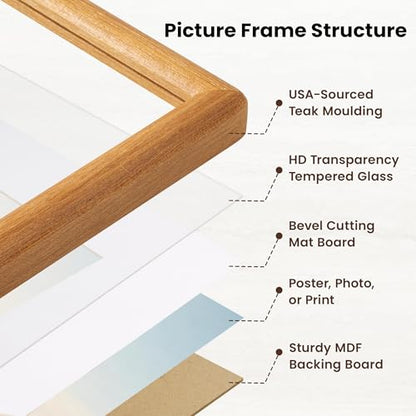 Acovy 16x24 Picture Frame, Natural Solid Teak Wood 16"x24" Photo Frame for Wall, Handcrafted Wooden Poster Frame 16 x 24 Matted to 12x18, High Definition Tempered Glass, Wall Hook Included, Natural Teak - color: Teak, size: 16"x24"