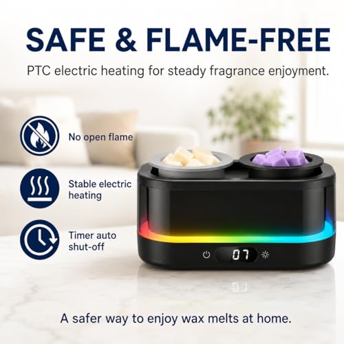 Wax Warmer, Wax Melt Warmer with Timer & Double Dish | Electric Wax Warmer with 7-Color LED Mood Light, Removable Silicone Dishes, PTC Flameless Wax Melter Auto Shut Off