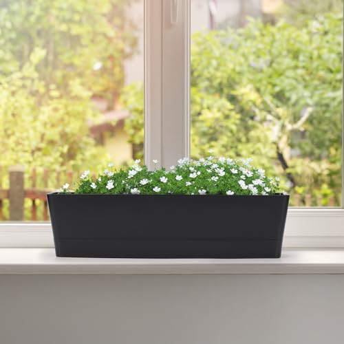 GREANER Rectangle Window Boxes, 6PCS 16x3.8 Inch Black Herb Planters with RemovableTray and Drainage Hole, Succulent Flowers Plastic Pot for Balcony, Office, Windowsill, Garden, Outdoor Decoration Use - size: 6Packs/16x3.8in