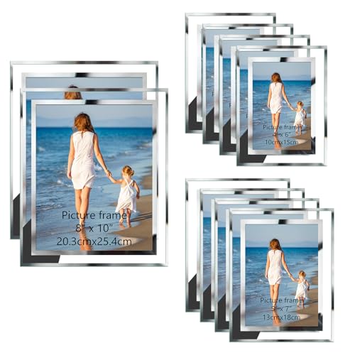 Hoikwo 10 Pack Glass Picture Frame with Two 8x10, Four 5x7, Four 4x6, Multi Sizes Silver Photo Frames, Only for Tabletop Display Vertically or Horizontally - size: Mix Sizes-10 Frames