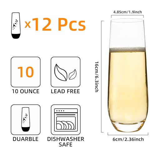 Stemless Champagne Flutes Set of 12, 10 oz Modern Clear Glasses | Stemless Clear Glasses for Champagne, Mimosas, Prosecco and Cocktails, Dishwasher Safe, Ideal for Weddings, Parties and Home