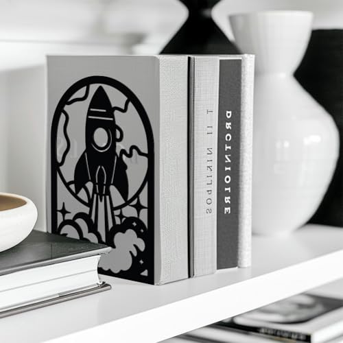 5.3"x4.3"x7.9" Metal Bookends, Heavy Duty Book Ends for Shelves | Rocket Theme Cast Iron Book Supports, 1 Pair Decor Stoppers for Desk, Library, Office & Home Shelves - style: Rocket