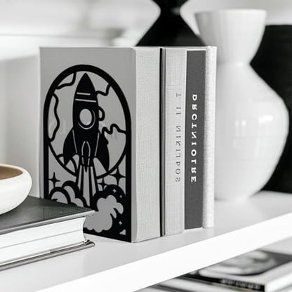 5.3"x4.3"x7.9" Metal Bookends, Heavy Duty Book Ends for Shelves | Rocket Theme Cast Iron Book Supports, 1 Pair Decor Stoppers for Desk, Library, Office & Home Shelves - style: Rocket