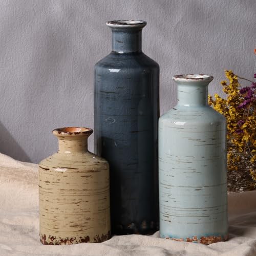 Ceramic Vase Set of 3, Crackle Glaze Decorative Flower Vases for Dried or Fresh Arrangements, Modern Farmhouse Decoration Table Shelf Centerpiece for Living Room, Dining, Fireplace, Entryway - color: Sage Navy Ivory