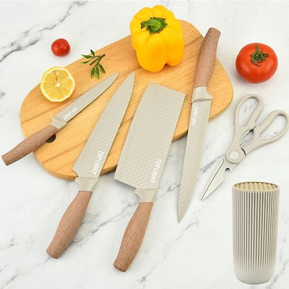 Knife Set, Wiztoynia 6-Piece Khaki Kitchen Knife Set for Home, Anti-Rust Non-stick Stainless Steel Sharp Chef Knife Sets with Universal Knife Block for Kitchen, Ergonomical Design (Khaki) - color: Khaki