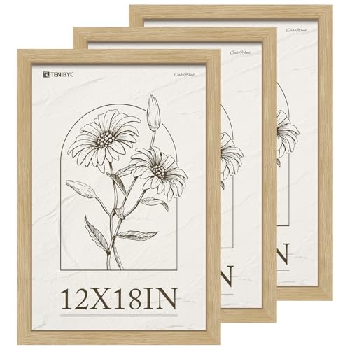 12x18 Frame Set of 3, Natural Oak Wood Picture Frame 12x18 for Photos, Posters and Art Prints, HD Tempered Glass, Wall Hanging - color: Oak, size: 12 X 18, style: 3 Pack