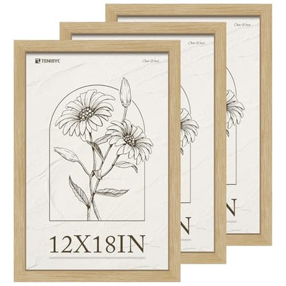 12x18 Frame Set of 3, Natural Oak Wood Picture Frame 12x18 for Photos, Posters and Art Prints, HD Tempered Glass, Wall Hanging - color: Oak, size: 12 X 18, style: 3 Pack