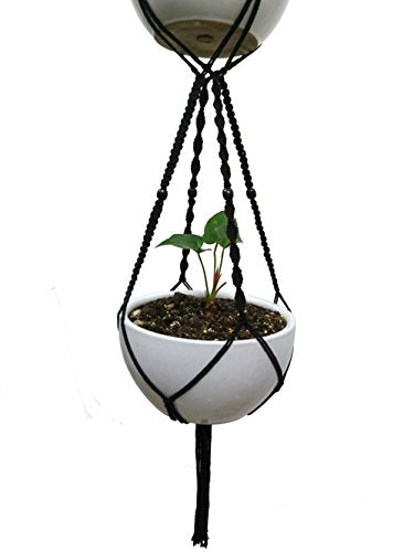 Macrame Plant Hanger & Holder, Hanging Planter 4 Legs Double Deck for 8 inch to 10 inch Two Pots Indoor Outdoor Hanging Planter Cotton Rope 67 Inch with Metal Ring (Cotton-Black) - color: Natural