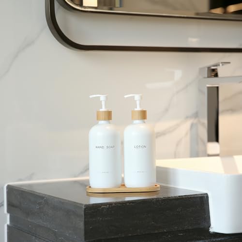 Bathroom Soap Dispenser Set, White | Bamboo Pumps & Tray, Lotion Dispenser, Hand Soap Dispenser, Bathroom Counter Decor - color: Hl White