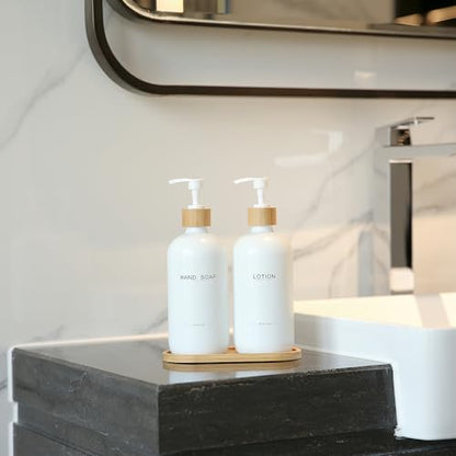 Bathroom Soap Dispenser Set, White | Bamboo Pumps & Tray, Lotion Dispenser, Hand Soap Dispenser, Bathroom Counter Decor - color: Hl White