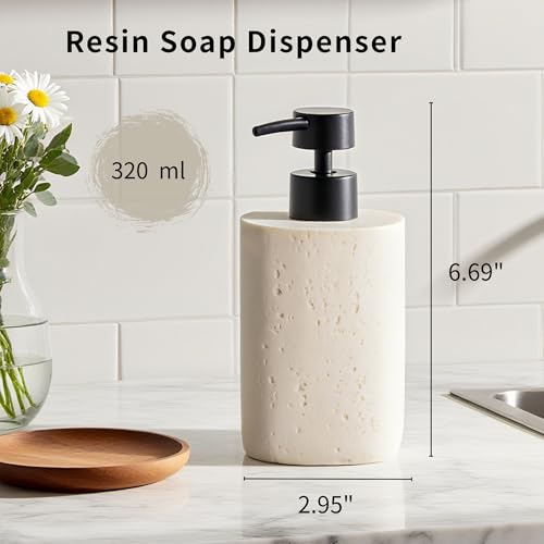 Clasin Home 2 Pack Beige Resin Soap Dispensers, Refillable Liquid Lotion Dispenser Bottles with Travertine-Look for Bathroom and Kitchen Countertop, Modern Stone Texture (10.8 oz) - color: Beige