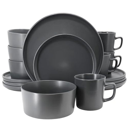 Elama Luxmatte Modern and Contemporary Stoneware Dinnerware Set in Matte, Service for 4 (16, Dark Gray) - color: Dark Gray