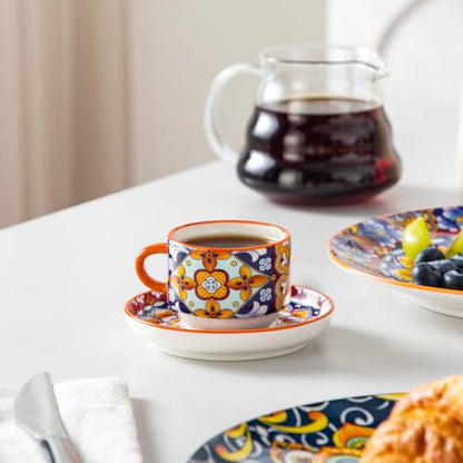 vancasso 2.5 Oz Stackable Espresso Cup Set of 4, Ceramic with Saucers | Microwave and Dishwasher Safe, Easy Clean, For Cappuccino, Tea, Latte, and Espresso, Bohemian Design with Metal Display Stand - size: 2.5 Oz