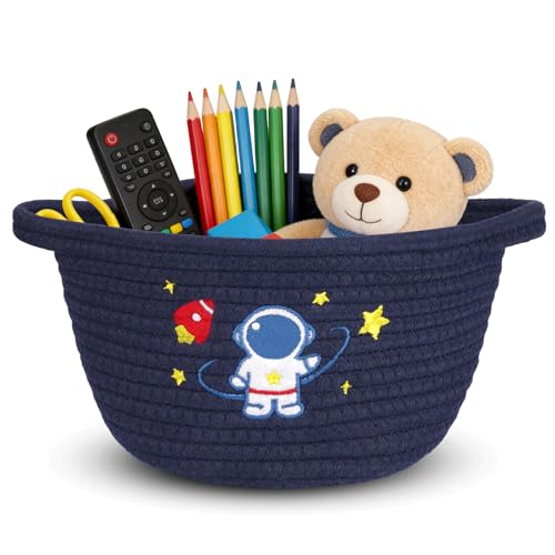 Space Storage Basket, Cotton Rope Woven Basket with Handle Small Laundry Basket Organizer for Baby Shower, Cat Dog Toy Basket, 9"x9"x5" Baskets for Organizing - color: Blue