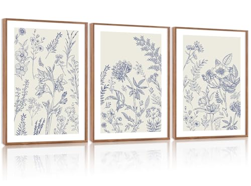 HPINUB Classic Chinoiserie Floral Framed Canvas Wall Art, (Set of 3,12X16 Inch) Watercolor Blue and White Botanical Flowers Wall Decor,Navy Blue Minimalist Wildflower Art Print for Living Room,Office - color: Classic Chinoiserie Floral Wall Art