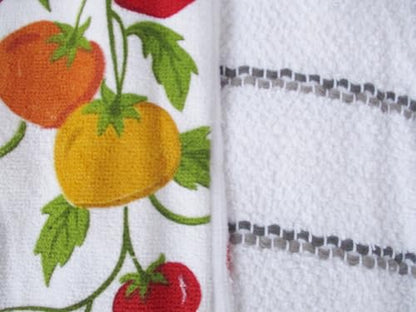 100% Cotton Kitchen Towel Set 2 Pack (Tomatoes and Gray Stripe) - color: Tomatoes and Gray Stripe
