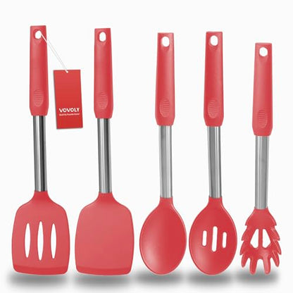 Silicone Spatula and Cooking Spoon,5 Pack Non-Stick Cooking Utensils for Kitchen，Heat Resistant Solid & Slotted Spoons and Spatulas, Stainless Steel Handle Coated with Silicone,Red - color: Red