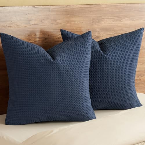 PHF 100% Cotton Waffle Weave Throw Pillow Cover, 24" x 24", No Filling, 2 Pack Elegant Home Decorative Square Throw Pillow Covers for Bed Couch Sofa, Dark Navy - color: Dark Navy, size: 24" x 24" (Pack of 2)