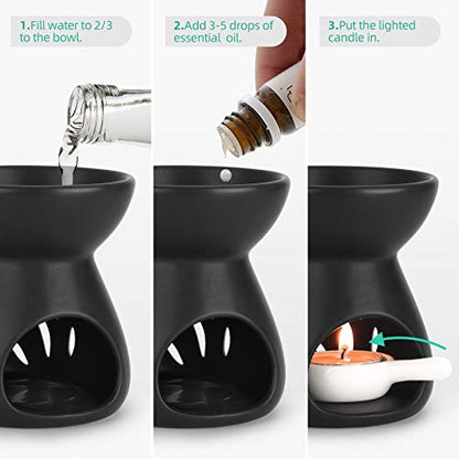 ComSaf Oil Burner Wax Melt Warmer, Ceramic Candle Diffuser Black 2 Pack | Essential Oil Aromatherapy, Scented Wax Melts, Tea Light Tray, Bedroom Home Decor, Spa and Yoga, Housewarming Gift