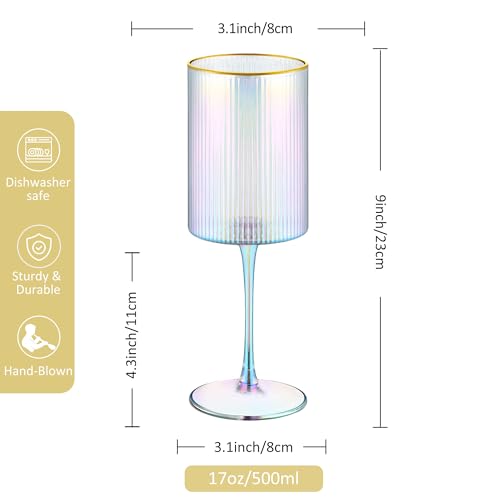 Joeyan Iridescent Gold Rim Ribbed Wine Glasses Set of 2, 17oz Square Hand Blown Crystal Red White Wine Glasses, Rainbow Stemmed Drinking Glass Goblet, Gift for Birthday Wedding Anniversary Christmas - color: Iridescent wine glasses