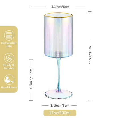Joeyan Iridescent Gold Rim Ribbed Wine Glasses Set of 2, 17oz Square Hand Blown Crystal Red White Wine Glasses, Rainbow Stemmed Drinking Glass Goblet, Gift for Birthday Wedding Anniversary Christmas - color: Iridescent wine glasses
